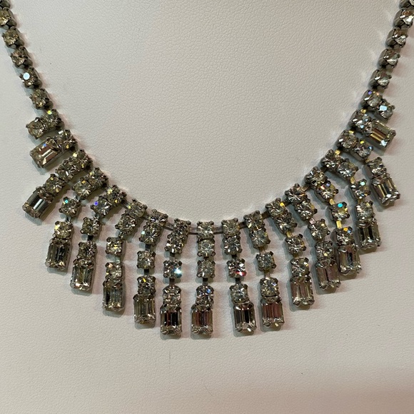 Vintage Clear Rhinestone Waterfall Dangle Collar Necklace Choker Bridal 15" - Picture 2 of 7